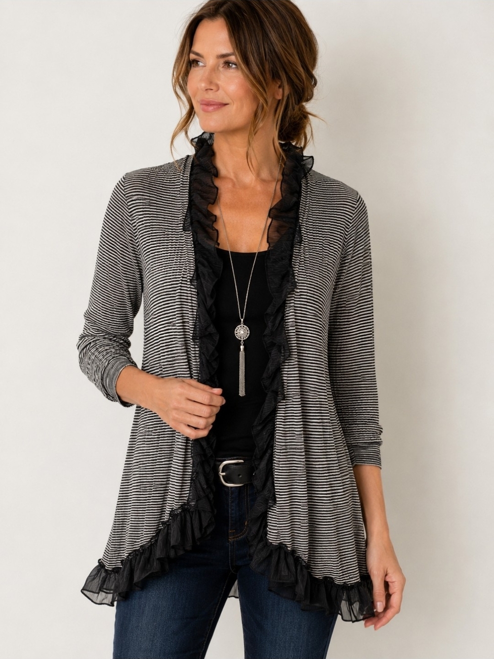 Anthropologie Guinevere Black & White Striped Ruffle Sheer Cardigan Knit Top SzM